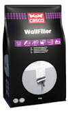 Förpackning av Casco WallFiller väggspackel, 3 kg, med produktinformation och ikonografi på framsidan.
