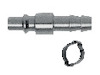 Metallisk insticksnippel med en metallklämring i närheten.