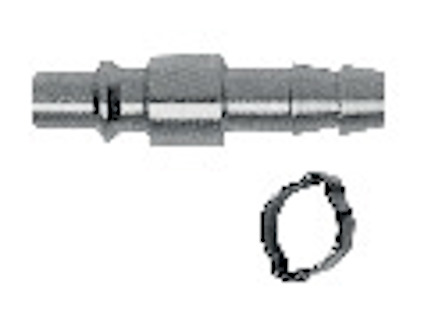 Metallisk insticksnippel med en metallklämring i närheten.