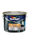 Färgburk Nordsjö Tinova Transparent Exterior, med etikett i blått och orange och en bild av en husfasad.