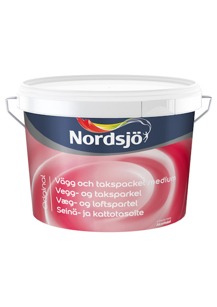 Hink med etikett "Nordsjö Vägg och takspackel medium".