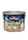 En målarburk av Nordsjö Tinova UV Super Terrace med etikett i blått och grönt och handtag på sidorna.