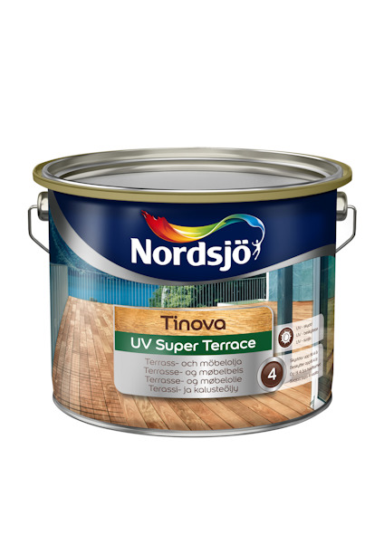 En målarburk av Nordsjö Tinova UV Super Terrace med etikett i blått och grönt och handtag på sidorna.