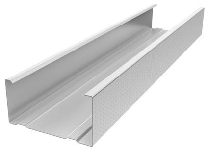 Byggmaterialprofil i metall med L-form, ljusgrå färg och perforeringar längs ena sidan.