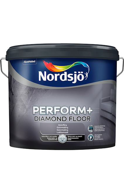 Färgburk med texten "Nordsjö Perform+ Diamond Floor" och logotyp.