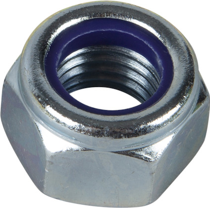 Sexkantig låsmutter med metallisk yta och blå nylonring inuti.