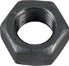 Sexkantig metallmutter med invändig gänga, brungrå yta.