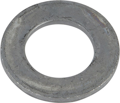 Metallisk bricka med slät yta och runt hål i mitten.