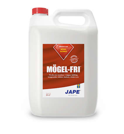 Vit plastdunk med rött lock, etikett med texten "Mögel-Fri" och varumärket "Jape".