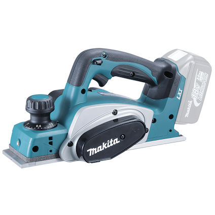 Batteridriven hyvel med blå och svart design, justerbar ratt och grå sula. Makita-logga synlig på sidan.