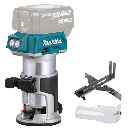 Multifräs från Makita i metall och plast, med tillbehör som kantlinjal och dammutsug. Märkt "Makita".