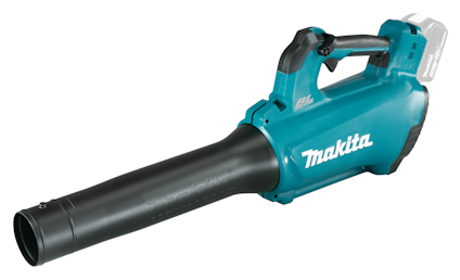 Lövblås i blå plast med svart munstycke, märkt med texten "Makita". Batterifack synligt bakpå.