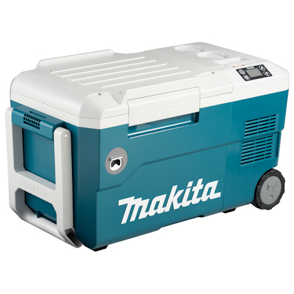 Kyl- och värmebox i blått och vitt med Makita-logga, hjul, handtag och kontrollpanel på sidan.