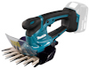 Kant-/häcksax från Makita med blått och svart handtag, silverfärgade blad och skydd i plast framtill.