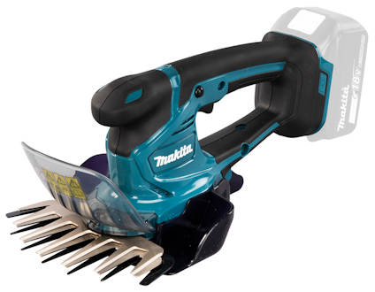 Kant-/häcksax från Makita med blått och svart handtag, silverfärgade blad och skydd i plast framtill.