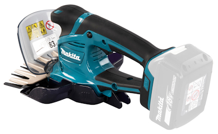 Batteridriven, blå och svart Makita häcksax med genomskinligt säkerhetsskydd och batteri.