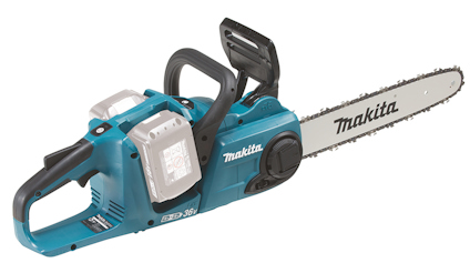 Makita batteridriven kedjesåg i blått och svart med vit svärd och två batterifack.
