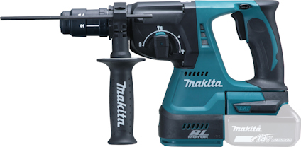 Kombihammare i blått och svart med sidhandtag och SDS+ infästning. Text: "Makita 18V".