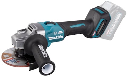 Sladdlös vinkelslip i svart och blått med handtag och batteripaket. Märkt "Makita" och "BL".