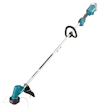 Grästrimmer i blå och svart med lång skaft, handtag och batterifack. Märkt med "Makita".