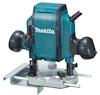 Handöverfräs från Makita med blå och svart design, dubbla handtag och monterad på en metallbas.