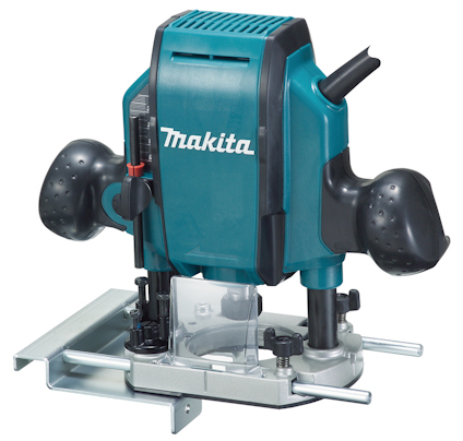 Handöverfräs från Makita med blå och svart design, dubbla handtag och monterad på en metallbas.