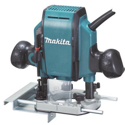 Blå Makita-kantfräs med svarta handtag och justerbar basplatta.