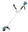 Batteridriven grästrimmer med långt skaft och dubbla handtag. Makita-logotyp på skaftet.