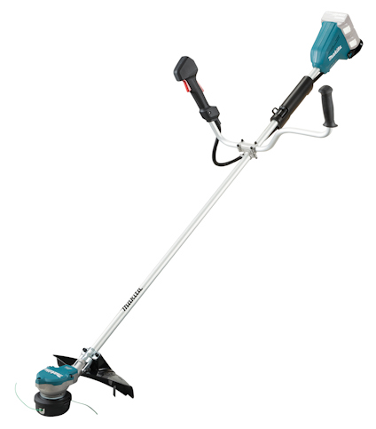 Motoriserad trimmer med justerbart handtag och skyddskåpa för trimhuvudet.