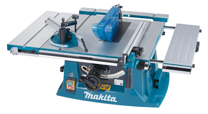 Klyvsåg med blå bas och silverfärgad bordsyta. Säkerhetsskydd och skärinställningar synliga. Märkt "Makita".