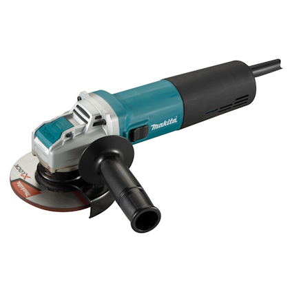 Vinkelslip med blå och svart kropp, X-Lock system och sidomonterat handtag, varumärke Makita synligt.
