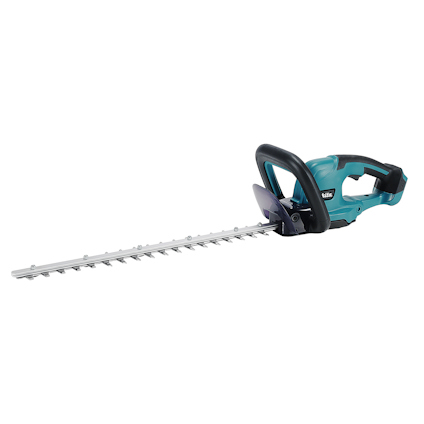 Häcksax med turkos och svart design, långt silverfärgat blad och ergonomiskt handtag.