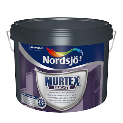 Färgbehållare med texten "Nordsjö Murtex Silicate" och logotyp i silverfärg. Bakgrund i lila nyans.