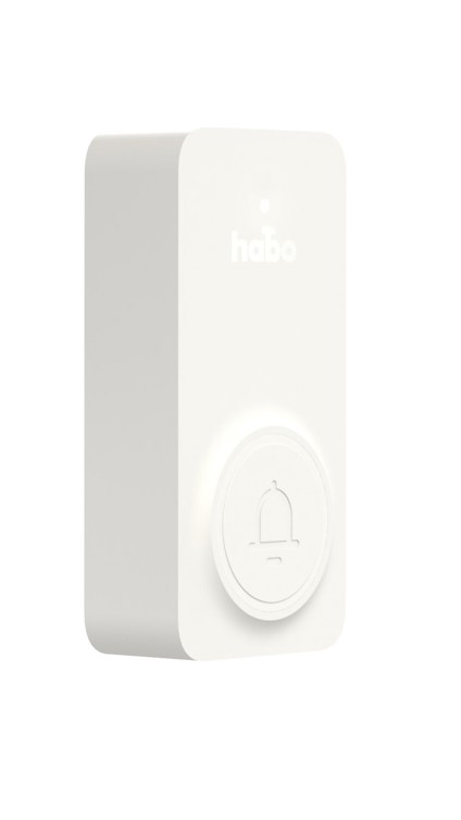 Vit, rektangulär trådlös dörrklocka med en rund knapp och logotypen "habo" ovanför.