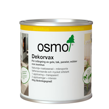 Vit plåtburk med texten "osmo Dekorvax" och detaljer om produktens användning och egenskaper.