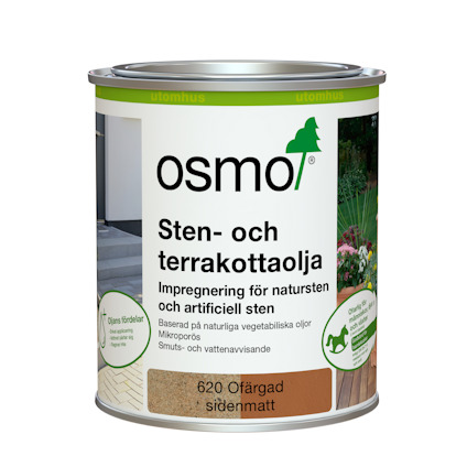 Plåtburk med Osmo sten- och terrakottaolja, etikett på svenska med information om produktens egenskaper och användning.