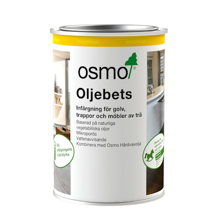 Plåtburk innehållande Osmo Oljebets med logotyp och text om produktens användningsområde för trä.