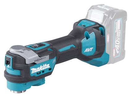 Multiverktyg Makita 40V med blå och svarta detaljer, märkt "STARLOCK MAX" och "AVT", batterihållare synlig.