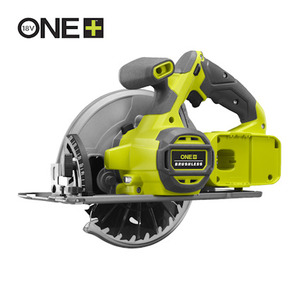 Grön och svart batteridriven cirkelsåg av märket RYOBI med borstlös motor, tillhörande ONE+ serien.