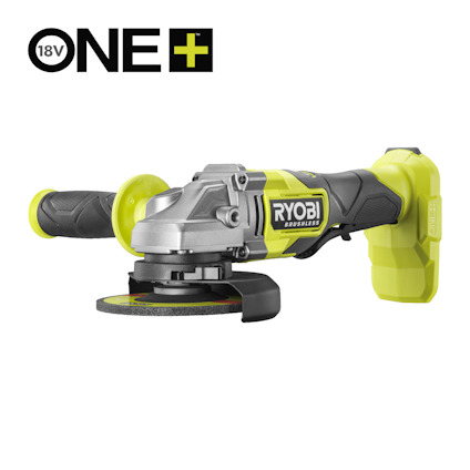 Vinkelslip med grönt och svart handtag, texten "RYOBI" och "ONE+ 18V" synligt på bilden.