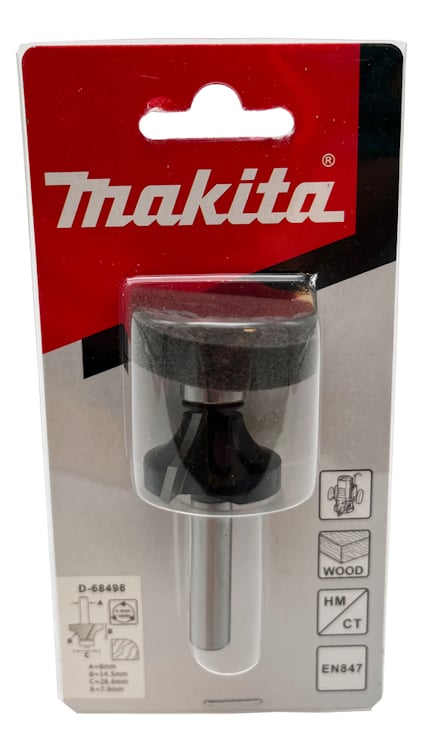 Förpackning med ett Makita frässtål, där verktyget är synligt genom plasten. Makita-logotyp i rött upptill.