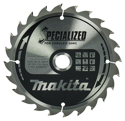 Rund sågklinga i metall med texten "Specialized for Cordless Saws" och "Makita". Tryckt grafik och symboler synliga.