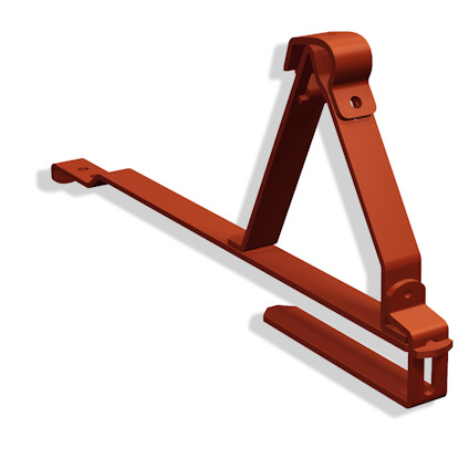 Röd konsoll med triangulär design och flera hål för montering.