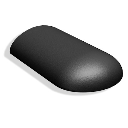 Svart, halvcylindrisk nockpanna av betong med slät yta.