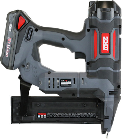 Senco 18V Li-ion trådlös spikpistol i svart och grått med röda detaljer.