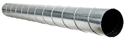 Spiralfalsad ventilationskanal i silverfärgad metall.