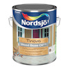 Burk med Nordsjö Tinova Wood Base Oil PT8 etikett, med text på flera språk och motiv av trähus i bakgrunden.