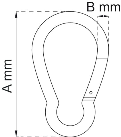 Ritning av en karbinhake med måtten "A mm" och "B mm" angivna.