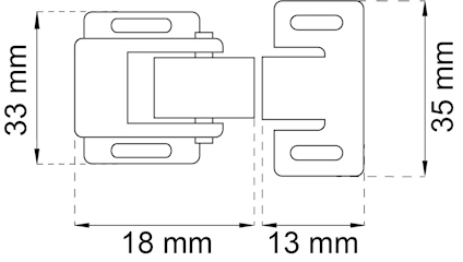 Ritning av metallbeslag med måtten 33x35 mm och två delar, en 18 mm och en 13 mm.