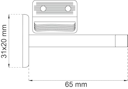 Teknisk ritning av metallbeslag med mått 65 mm och 31x20 mm.